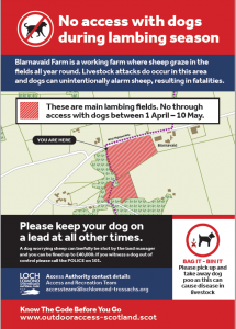 Sign for No access with dogs during lambing season with map